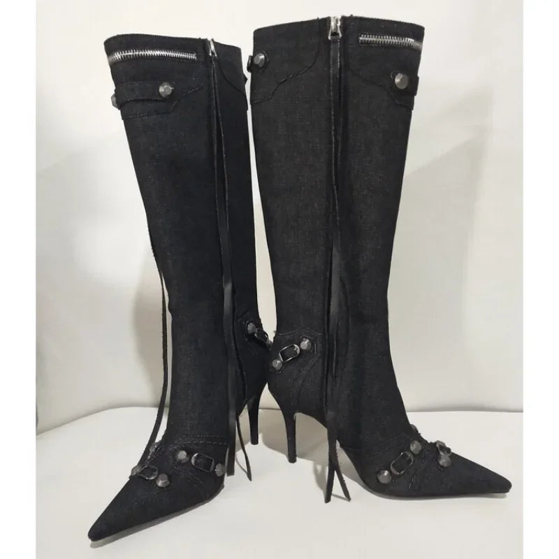 New 2024 Brand Design Knee High Boots Fashion Rivet Pointed Thin Heel Women's Boots 34-43 Fashion Hot Girls Denim Model Boots