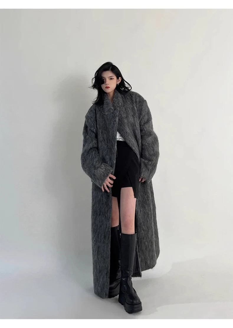 Lautaro Autumn Winter Clothes Women Oversized Extra Long Casual Warm Grey Wool & Blends Coat Women Maxi Fluffy Woolen Overcoat