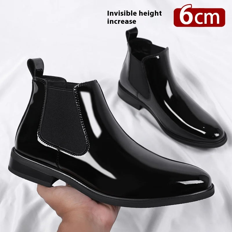 Height Increase Men's Shiny Leather Boots Pointed Formal Elevator Shoes Office Business Snow Boots Chelsea Winter Cotton Boots