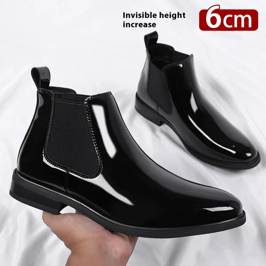 Height Increase Men's Shiny Leather Boots Pointed Formal Elevator Shoes Office Business Snow Boots Chelsea Winter Cotton Boots
