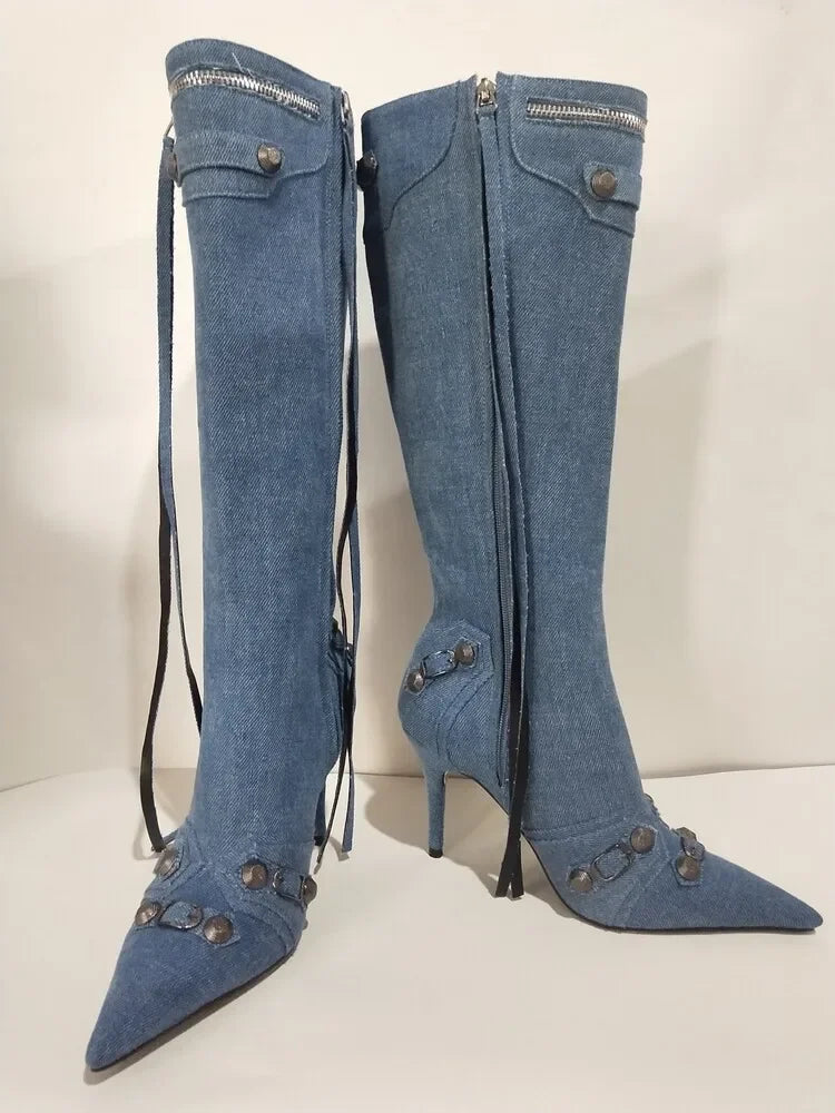 New 2024 Brand Design Knee High Boots Fashion Rivet Pointed Thin Heel Women's Boots 34-43 Fashion Hot Girls Denim Model Boots