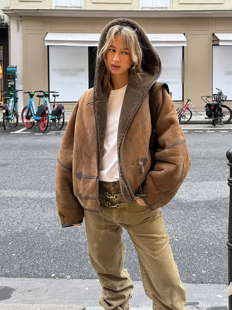 Hooded Patchwork Leather Jacket Woman Solid Color Long Sleeves Loose Single Breasted Coat Casual Street Women's New Warm Jackets