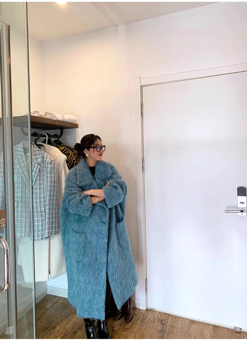 Lautaro Winter Long Blue Fluffy Oversized Warm Wool & blends Coat for Women Single Button Pockets Luxury Clothes Woolen Overcoat