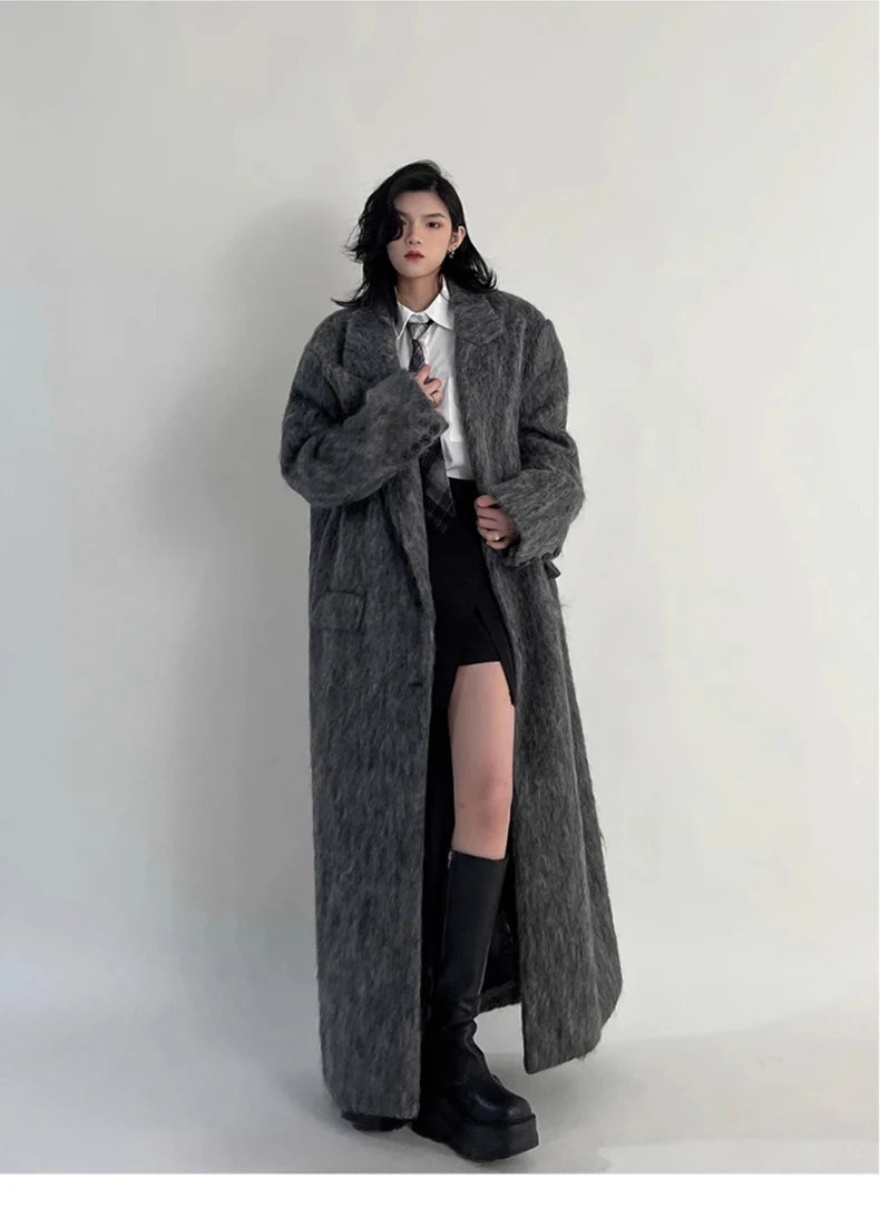 Lautaro Autumn Winter Clothes Women Oversized Extra Long Casual Warm Grey Wool & Blends Coat Women Maxi Fluffy Woolen Overcoat