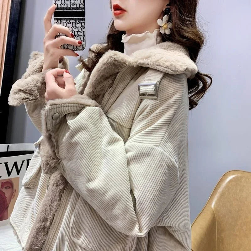 Women's Autumn Winter Casual Parkas Versatile Loose Short Thickened Warm Corduroy Cotton Clothes Trend Lamb Wool Tooling Jacket