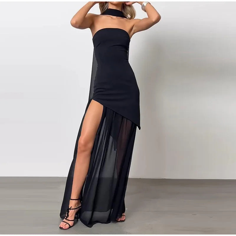 Elegant Strapless Long Dress Women Sexy Patchwork Mesh Sleeveless Sacrf Vestidos Female 2025 Spring Split Evening Dresses Lady