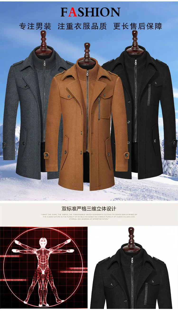 Men's Autumn Winter Fashion High-End Atmosphere Long Thickened Wool Overcoat Middle-Aged Men's Stylish Woolen Coat
