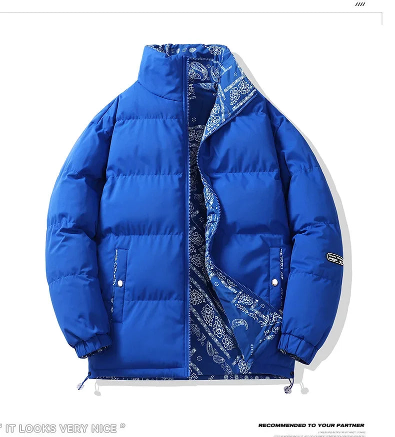 Double-Sided Wear Thickened Cotton Jacket for Men Women Stand Collar Warm Casual Loose Fit Winter Couple Windproof Bread Jacket