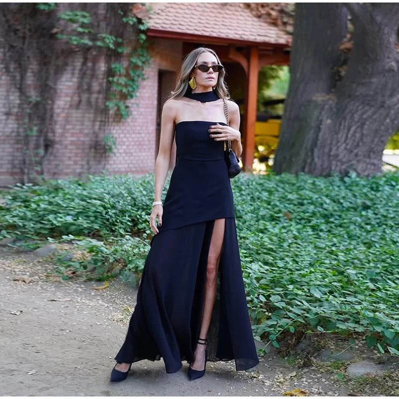 Elegant Strapless Long Dress Women Sexy Patchwork Mesh Sleeveless Sacrf Vestidos Female 2025 Spring Split Evening Dresses Lady