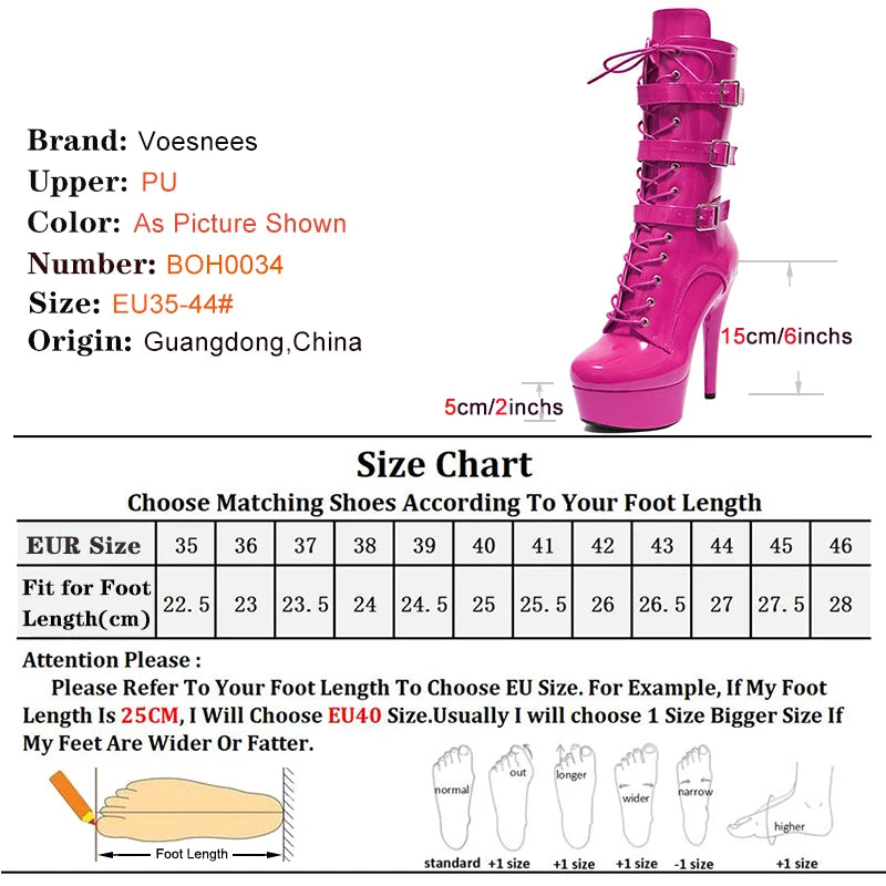 15CM/6Inch Matte Black High Heels Belt Buckle Platform Runway Ankle Boots Lace-up Nightclub Knight Pole Dancing WESTERN Boots