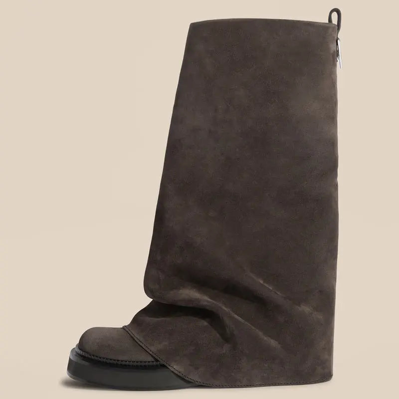 Women's New Autumn and Winter Calf Boots with Pleated Thick High Heels and Fashionable Oversized Street Leather Mid Leg Boots