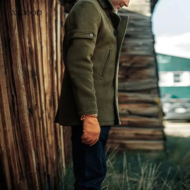 Men's Pure Color Woolen Coat with Buttoned Collar ort Sve V-Ne Outerwear for Young Men in Autumn Season