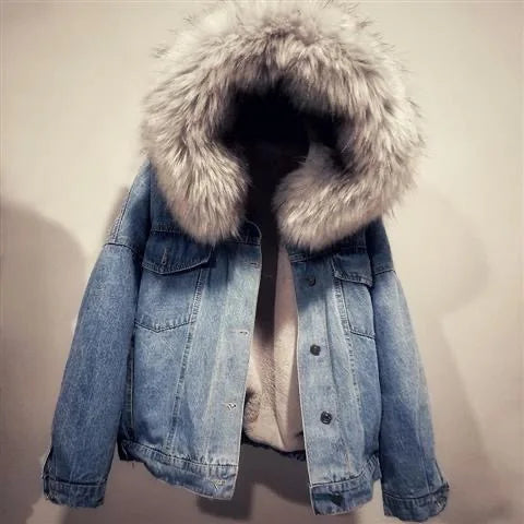Winter Denim Jacket Hooded Coat Women Removable Fur Collar Fleece Lined Jeans Jacket Warm