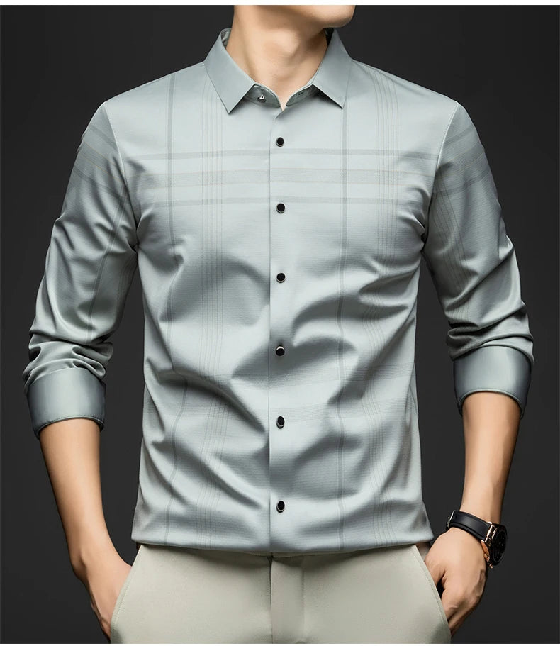 BROWON Formal Shirt Men 2025 Autumn New Long Sleeve Male Shirt Fashion Business Mulberry Silk Striped Shirts for Man Wear