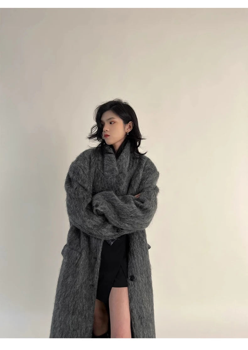 Lautaro Autumn Winter Clothes Women Oversized Extra Long Casual Warm Grey Wool & Blends Coat Women Maxi Fluffy Woolen Overcoat