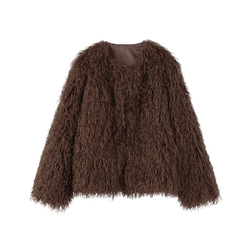 Women Solid Color Short Fur Jacket Casual Fashionable Round Neck Loose Chic Outerwear 2025 Winter New Daily Highstreet Jackets