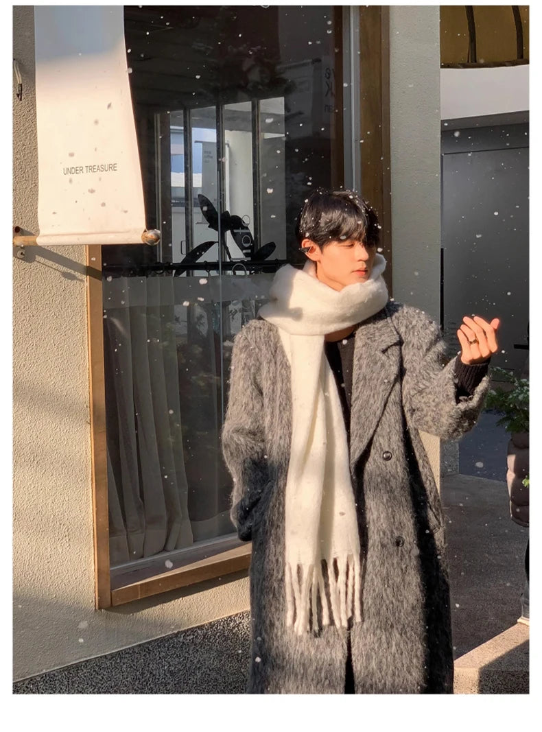 Mauroicardi Autumn Winter Oversized Long Thicken Warm Grey Woolen Coat Men Shoulder Pads Double Breasted Wool & Blends Overcoat