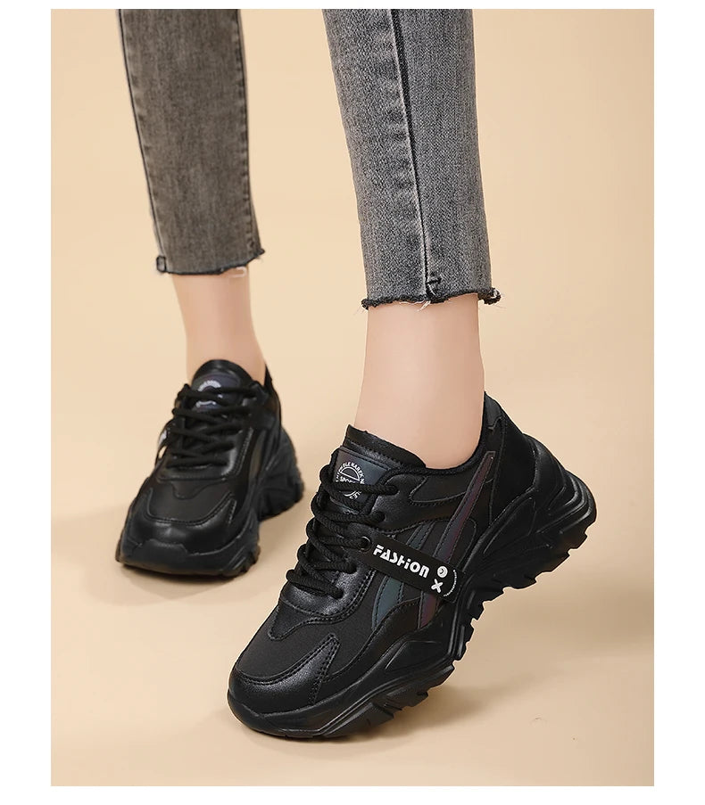 Casual Leather Sneakers for Women Autumn Winter Comfortable Walking Shoes Fashion Patchwork Thick Bottom Sports Shoes Female