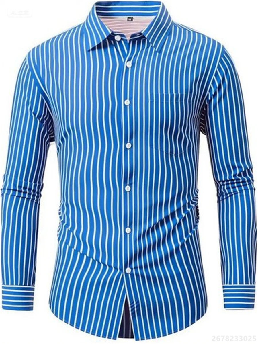Men's shirts, long-sleeved lapel business formal button-down shirts, men's striped shirts, high-quality men's tops XS-6XL
