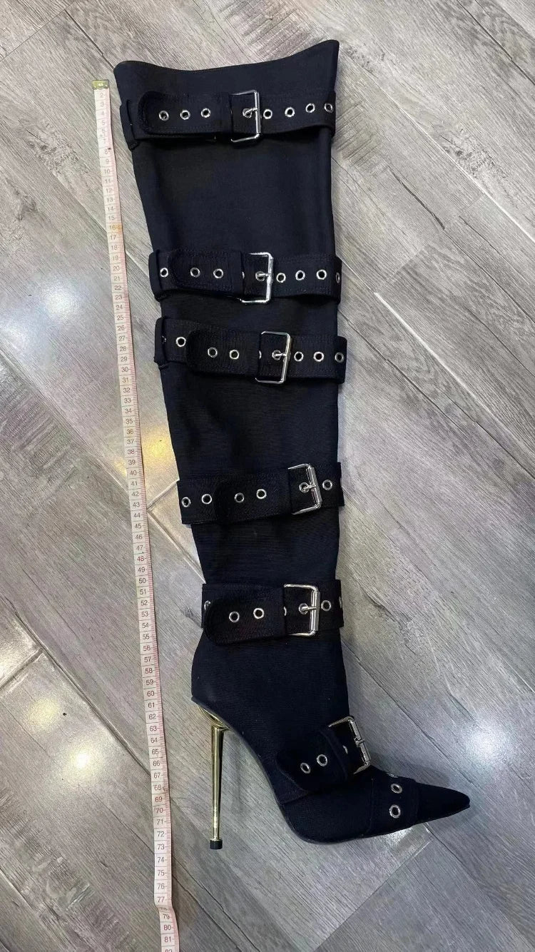 Blue Denim Metal Rivet Buckle Silvery Over Knee Boots Women Sexy Punk Style Silver Belt Buckle 12cm High Heel Sandals Size 34-43