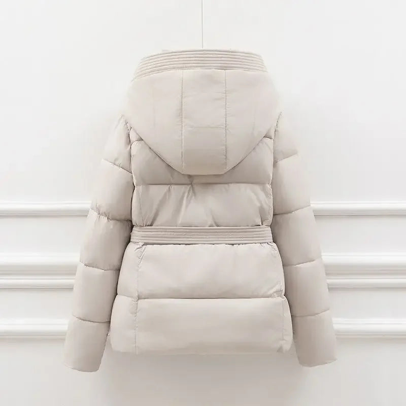 2025 New Winter Jacket Women Warm Parkas Long Sleeve Tops Casual Cotton Padded Jackets Belt Black Brown Hooded Outerwear Female