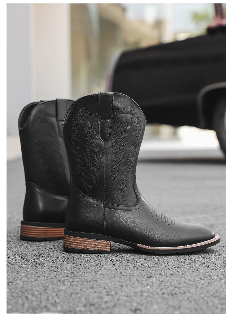 Vintage Embroidery Men's Cowboy Boots High Top Motorcycle Boots Men Shoes Fashion Square Toe Warm Boots