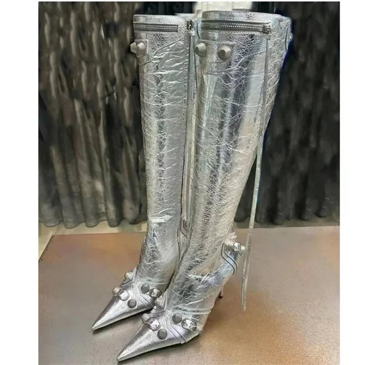 New 2024 Brand Design Knee High Boots Fashion Rivet Pointed Thin Heel Women's Boots 34-43 Fashion Hot Girls Denim Model Boots