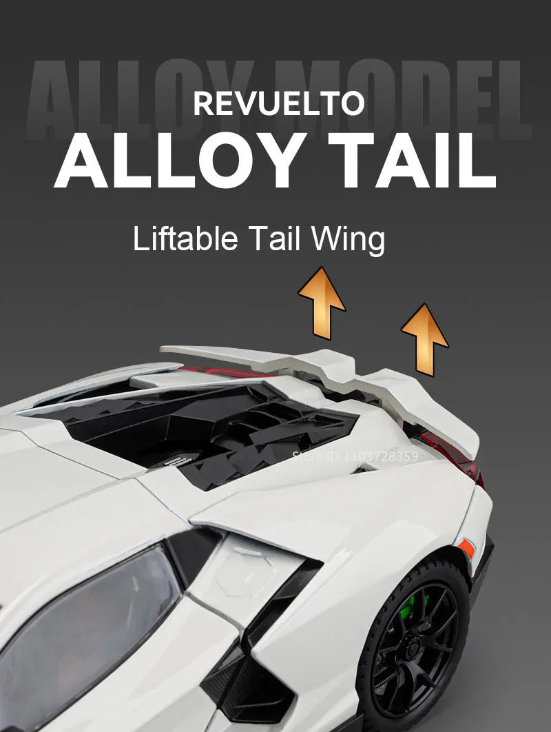 1:24 Scale REVUELTO Miniature Model Toy Sports Cars Alloy Diecast Supercars Sound Light Doors Opened Pull Back for Kids Gifts