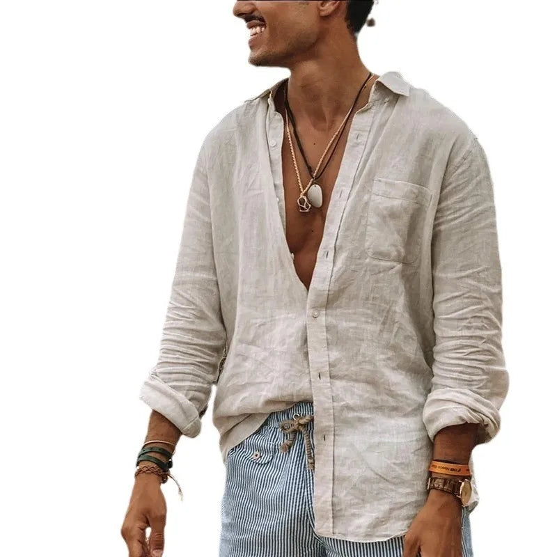 Men's casual long sleeve thin solid color lapel shirt