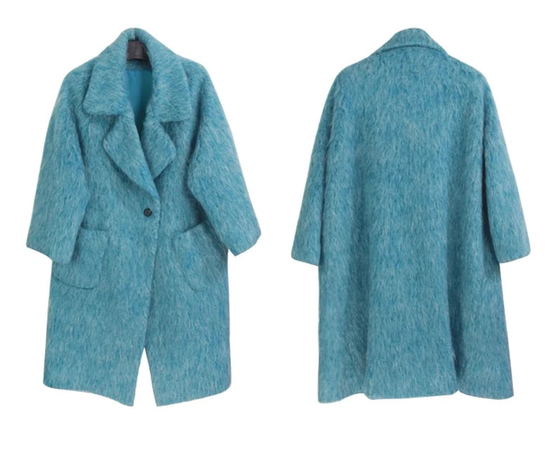 Lautaro Winter Long Blue Fluffy Oversized Warm Wool & blends Coat for Women Single Button Pockets Luxury Clothes Woolen Overcoat