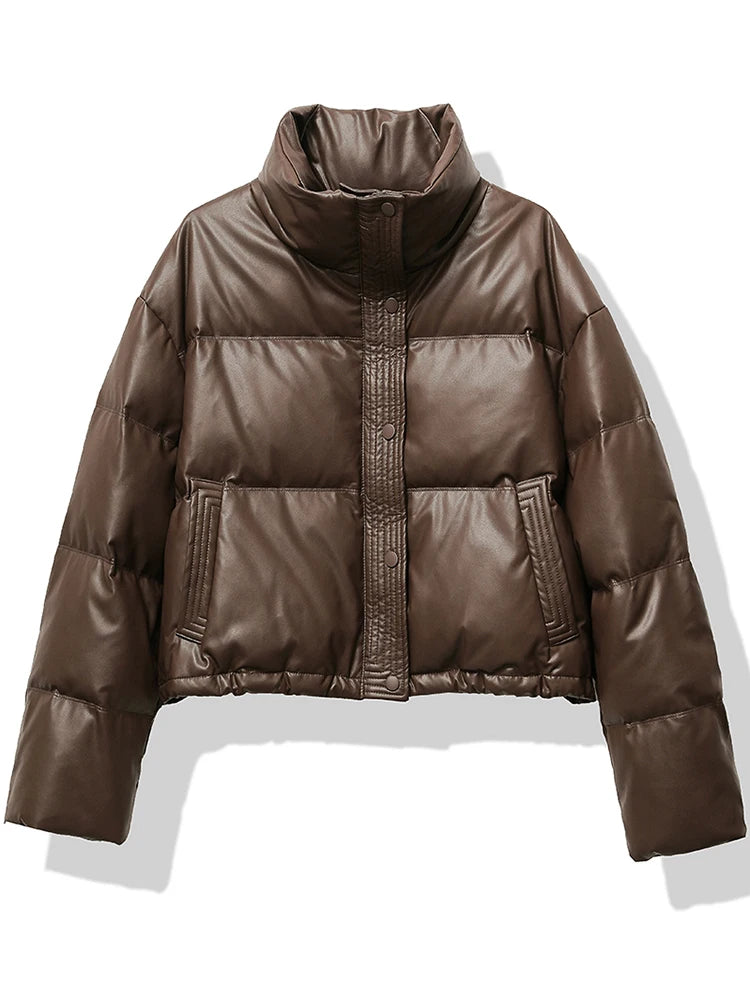 HELIAR Women Thickened Mock Neck Cotton-padded Jacket Single Breasted Pocket Casual Down Coat Winter Warm Loose Short Coat Fall
