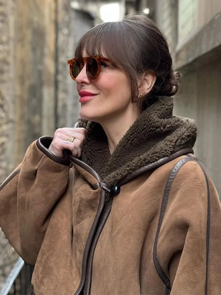 Hooded Patchwork Leather Jacket Woman Solid Color Long Sleeves Loose Single Breasted Coat Casual Street Women's New Warm Jackets