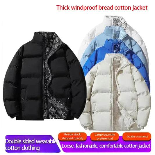 Double-Sided Wear Thickened Cotton Jacket for Men Women Stand Collar Warm Casual Loose Fit Winter Couple Windproof Bread Jacket
