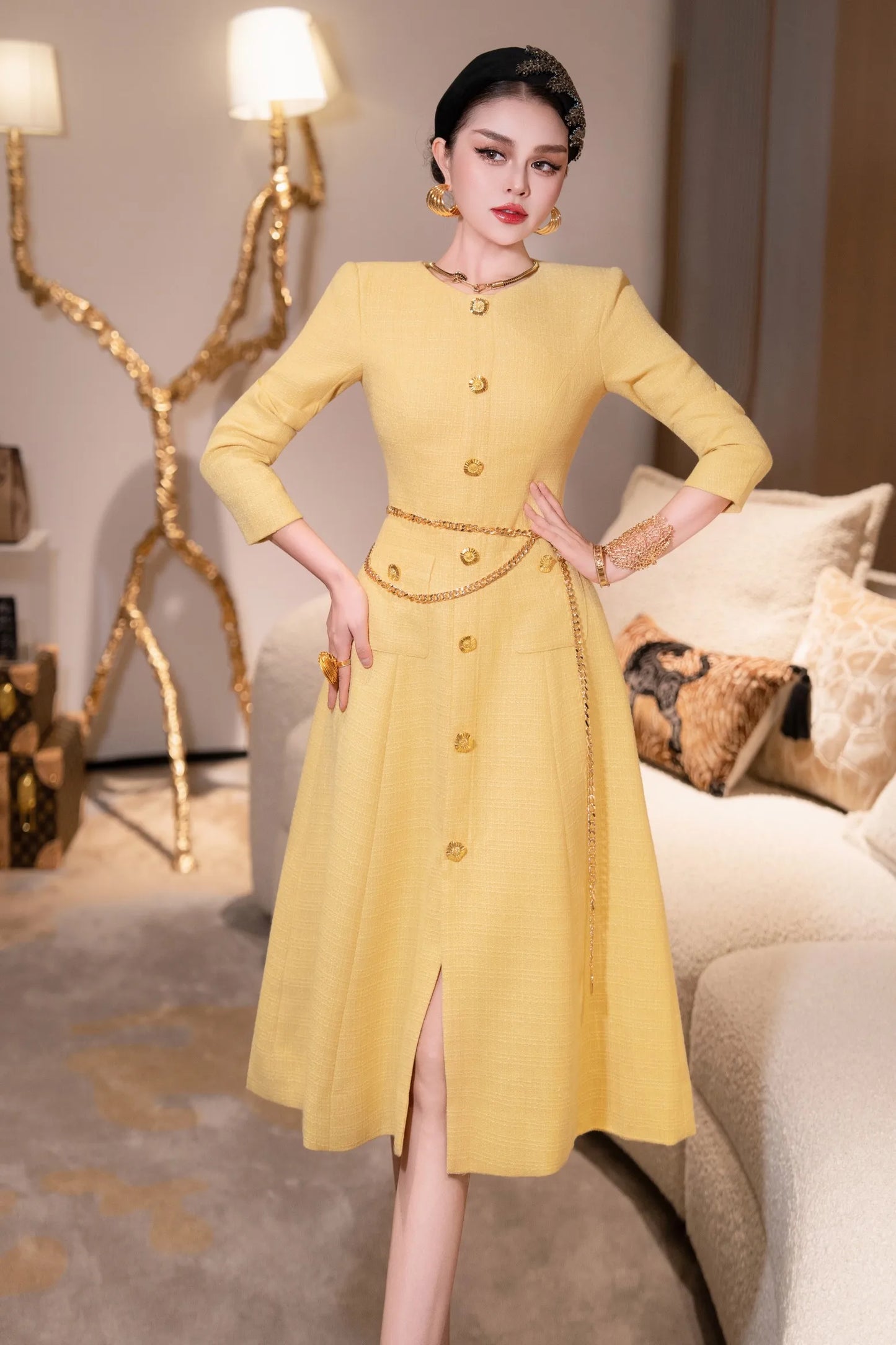 ZJYT New Arrivals Autumn Dresses for Women 2025 Elegant Designer Long Sleeve Single Breasted Party Yellow Dress with Belt