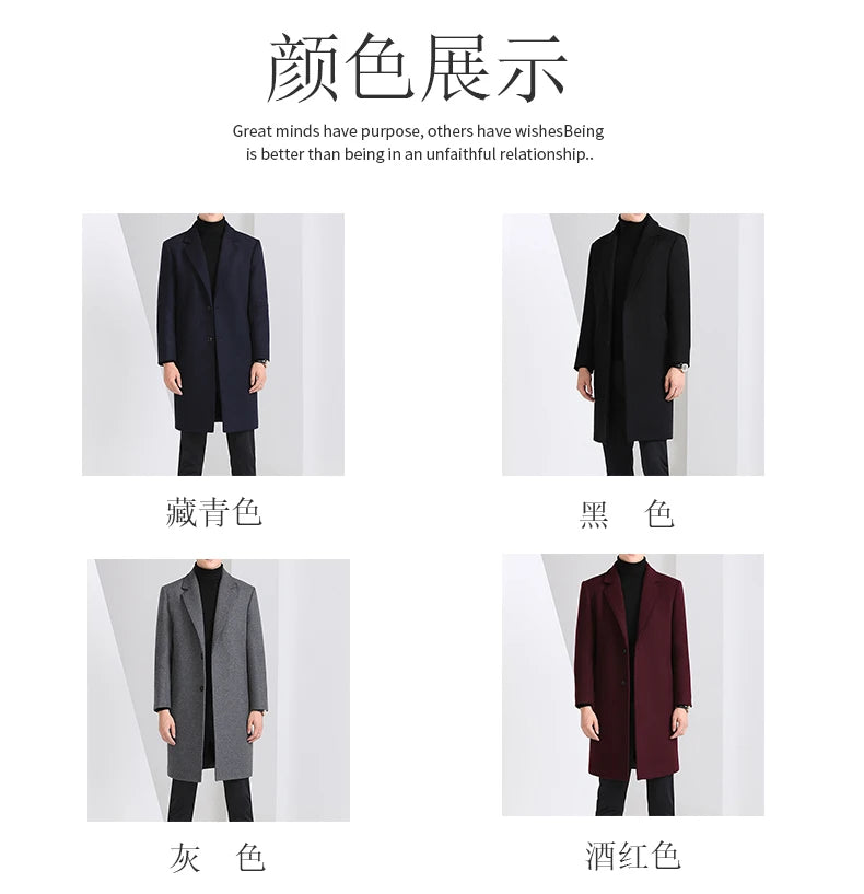 Winter Autumn Men's Timeless Woolen Overcoat Grey Navy Black Burgundy Notched Collar Design Cashmere Coat Plus Size Menswear