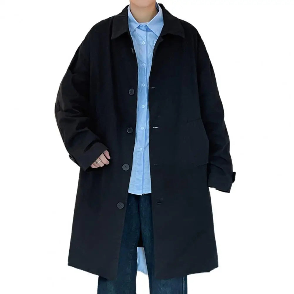 Men's British Style Long Jacket Single-breasted Lapel Long Sleeve Outdoor Casual High Street Male Coat Midi Outwear Mid-length