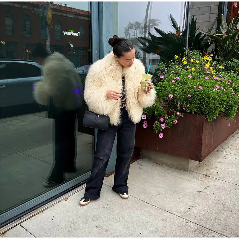Fashion Solid Plush Faux Fur Coat Women Elegant Warm Long Sleeves Loose Jacket 2025 Lady Winter Chic High Street Outerwear ﻿