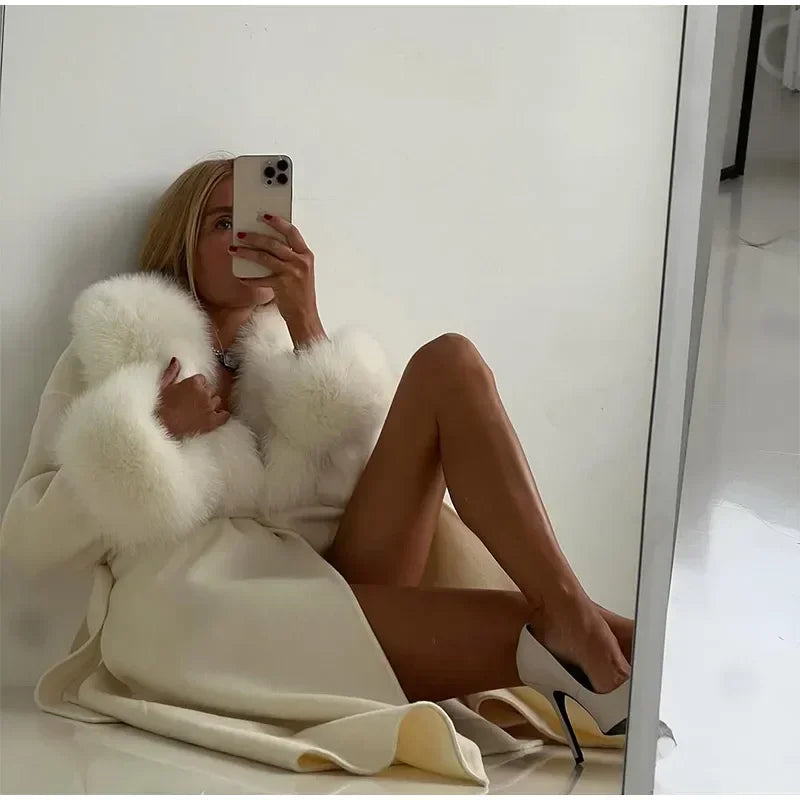 Retro Black Fur Patchwork Woolen Coat Women Chic Full Sleeve V-neck Lace Up Loose Long Overcoat 2025 Lady Winter Commute Outwear