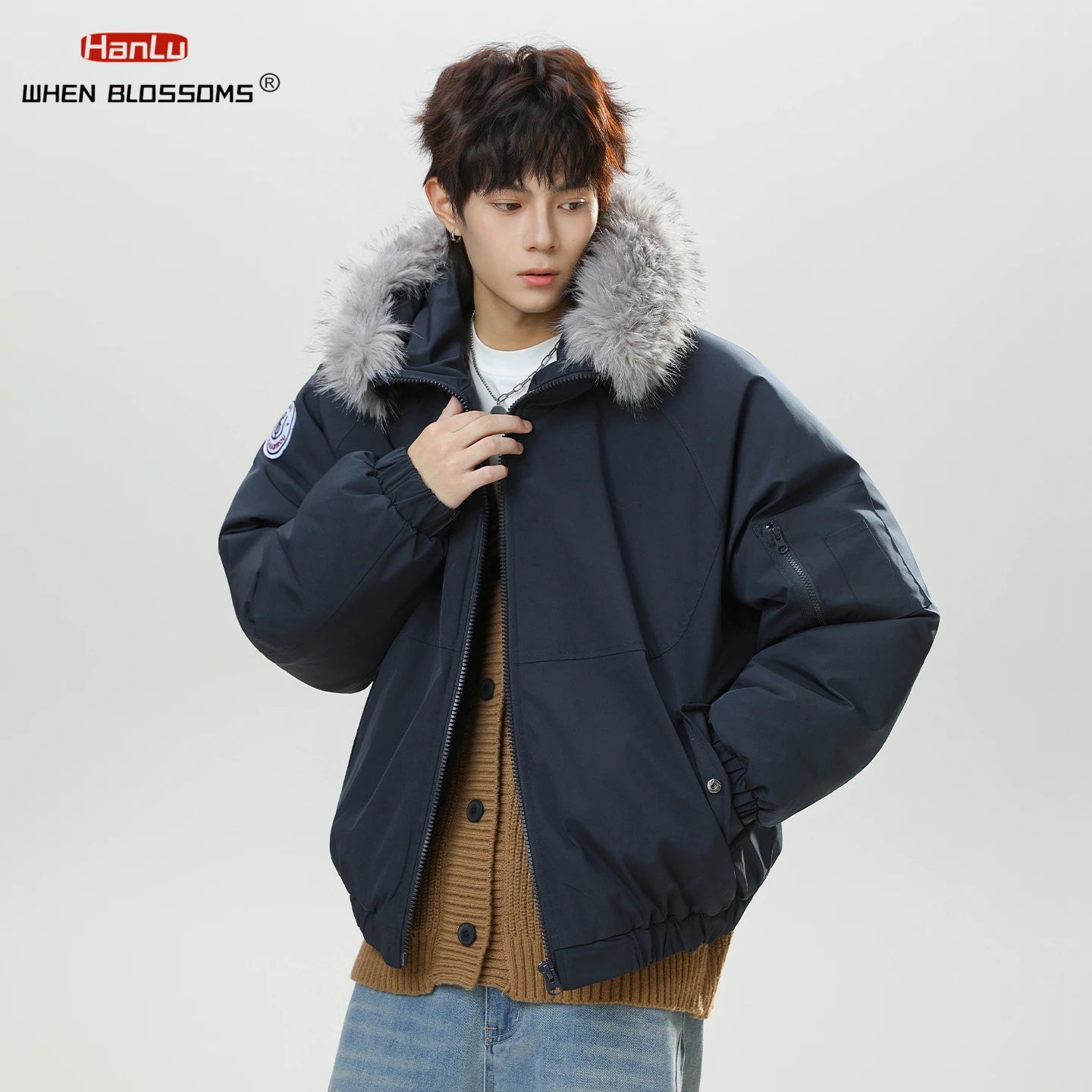 HANGRY 2025 Men's Detachable Fur Hood Parka Short Box Quilted Jacket Water-Resistant Workwear Winter Coat Thermal Insulated