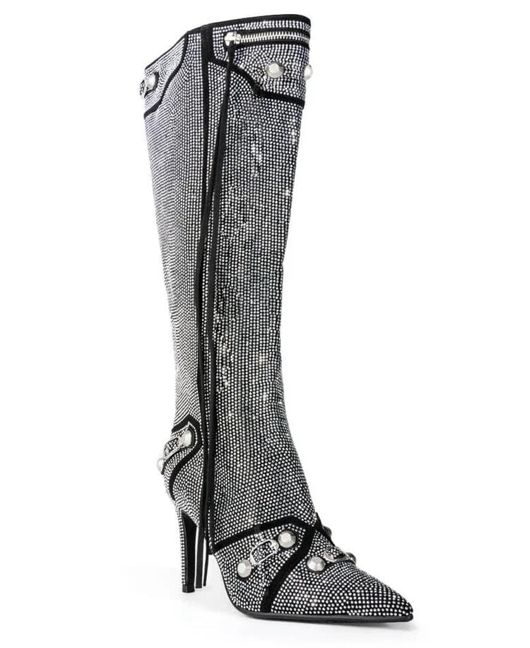 New 2024 Brand Design Knee High Boots Fashion Rivet Pointed Thin Heel Women's Boots 34-43 Fashion Hot Girls Denim Model Boots