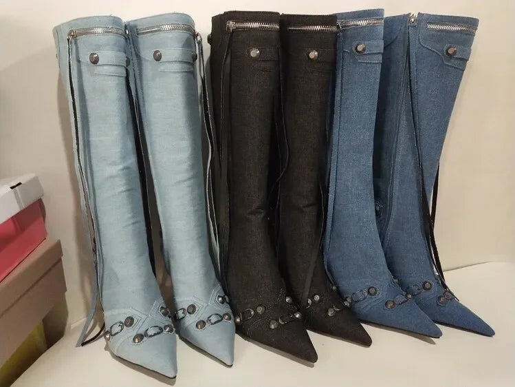 New 2024 Brand Design Knee High Boots Fashion Rivet Pointed Thin Heel Women's Boots 34-43 Fashion Hot Girls Denim Model Boots