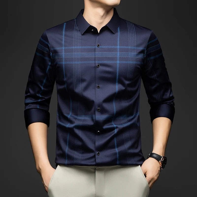 BROWON Formal Shirt Men 2025 Autumn New Long Sleeve Male Shirt Fashion Business Mulberry Silk Striped Shirts for Man Wear
