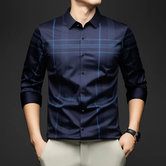 BROWON Formal Shirt Men 2025 Autumn New Long Sleeve Male Shirt Fashion Business Mulberry Silk Striped Shirts for Man Wear