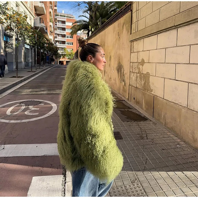 Fashion Solid Plush Faux Fur Coat Women Elegant Warm Long Sleeves Loose Jacket 2025 Lady Winter Chic High Street Outerwear ﻿