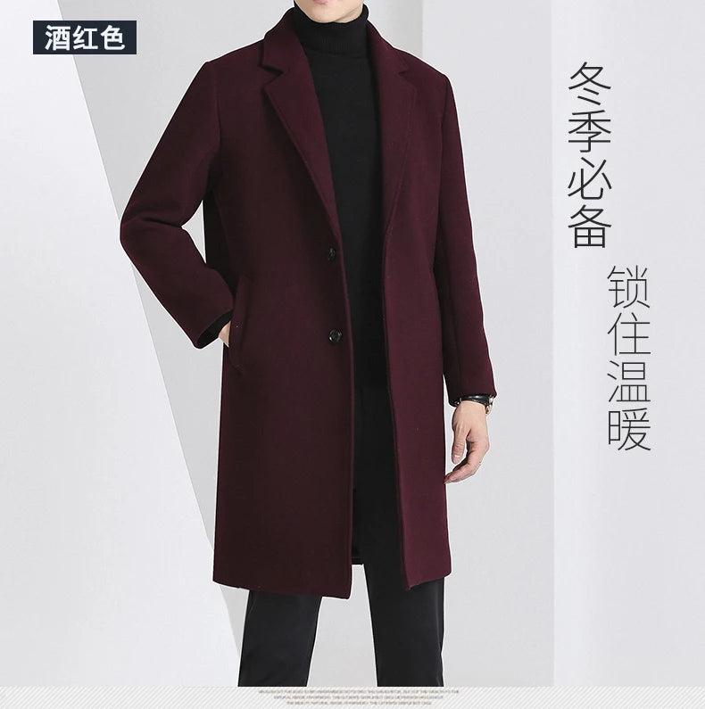 Winter Autumn Men's Timeless Woolen Overcoat Grey Navy Black Burgundy Notched Collar Design Cashmere Coat Plus Size Menswear