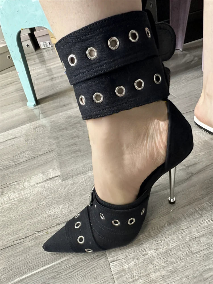 Blue Denim Metal Rivet Buckle Silvery Over Knee Boots Women Sexy Punk Style Silver Belt Buckle 12cm High Heel Sandals Size 34-43