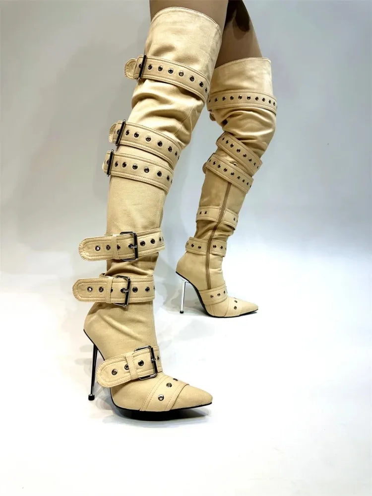 Blue Denim Metal Rivet Buckle Silvery Over Knee Boots Women Sexy Punk Style Silver Belt Buckle 12cm High Heel Sandals Size 34-43