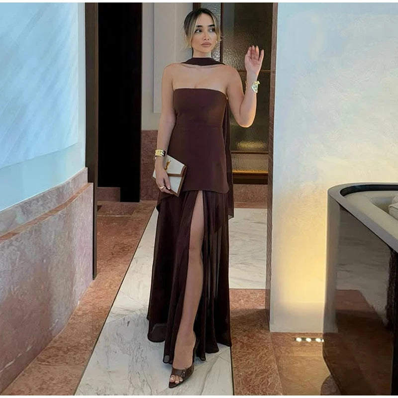 Elegant Strapless Long Dress Women Sexy Patchwork Mesh Sleeveless Sacrf Vestidos Female 2025 Spring Split Evening Dresses Lady