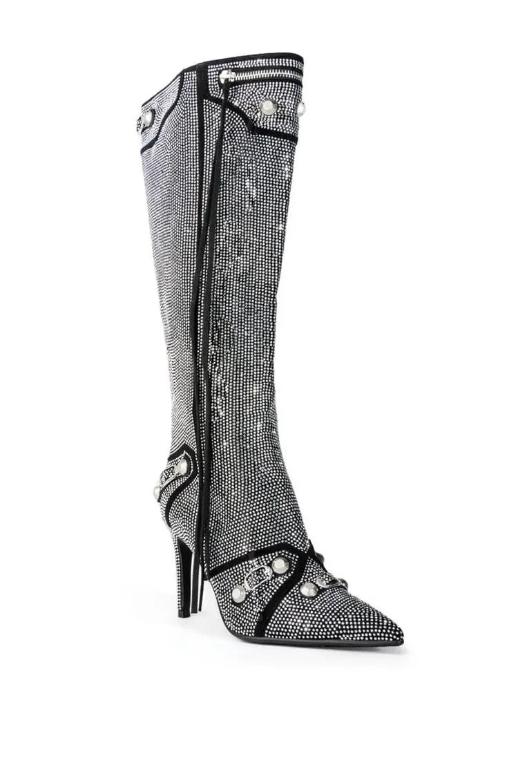 New 2024 Brand Design Knee High Boots Fashion Rivet Pointed Thin Heel Women's Boots 34-43 Fashion Hot Girls Denim Model Boots