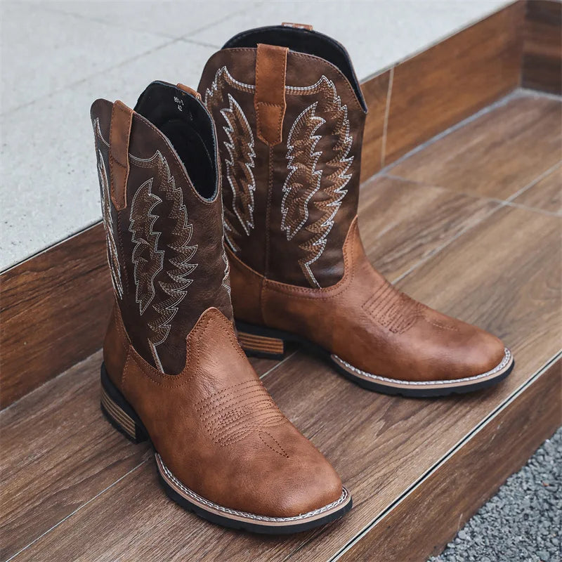 Vintage Embroidery Men's Cowboy Boots High Top Motorcycle Boots Men Shoes Fashion Square Toe Warm Boots